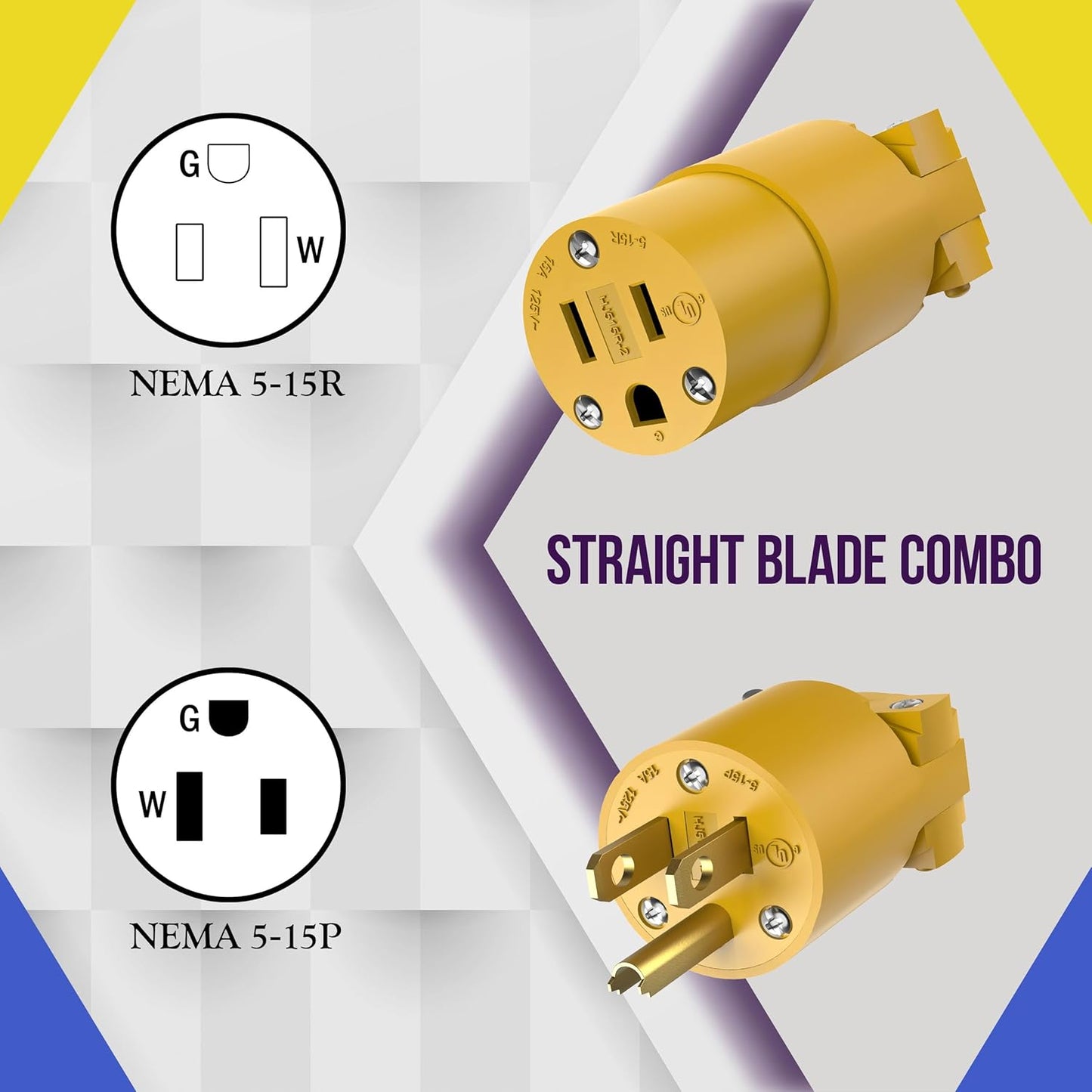 ENERLITES Electrical Replacement Plug & Connector Set, Extension Cord Ends Male and Female, 15 Amp 125 Volt, Straight Blade Plug Grounding Type, NEMA 5-15P & 5-15R, UL Listed, 66202-Y, Yellow
