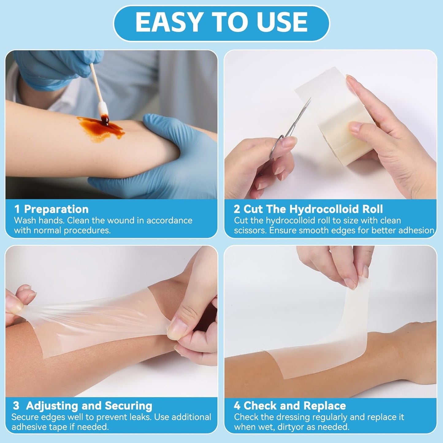 Hydrocolloid Bandages for Wound Care, Medical-Grade Hydrocolloid Roll with Self-Adhesive, Ultra Absorbent, Flexible & Waterproof, Cut-to-Size First Aid Kit Essential (2in*4.8ft)