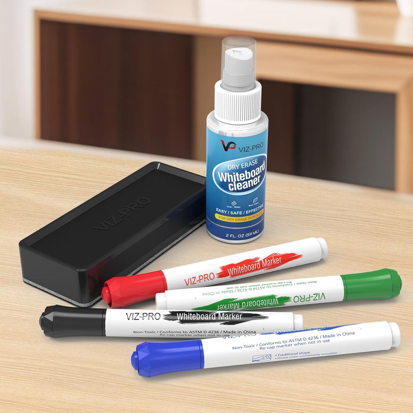 VIZ-PRO Dry Erase Marker Starter Set, Low-Odor Whiteboard Pens, Eraser and White Board Cleaner, Assorted Colors, 6-Piece Kit