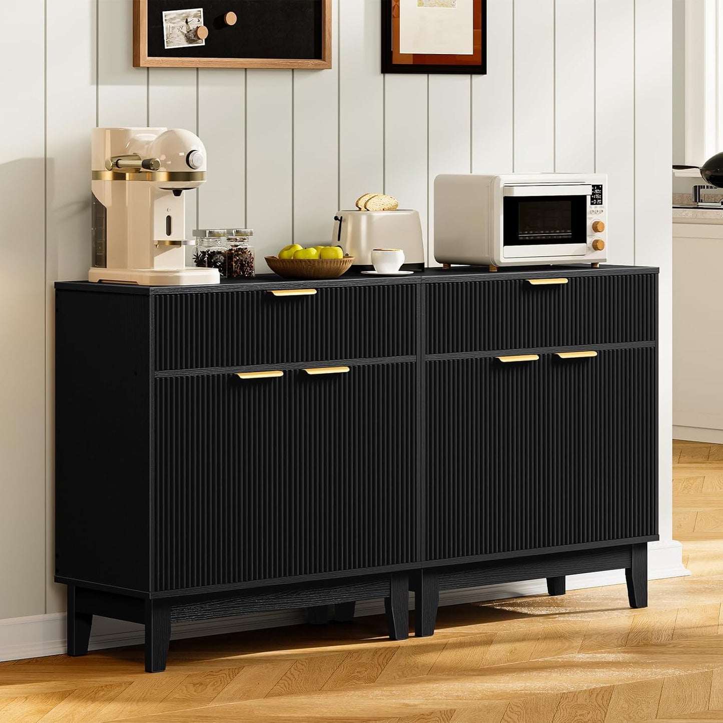 Fluted Buffets Sideboard, Buffet Sideboard with 1 Drawer & 1 Door, Kitchen Storage Cabinet with Adjustable Shelf and Slanted Legs, Buffet Cabinet for Kitchen, Living Room, Black MCB02BB