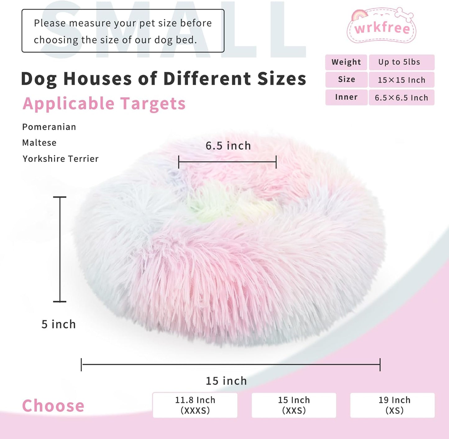 Fluffy Rainbow Dog Bed Extra Small Washable,Calming Dog Bed Rainbow for Small Dogs 15 inches Donut Soft Small Pet Bed,Anti Anxiety Round Fits up to 5 lbs Warm Comfort Pets Beds for Puppy Dogs Indoor