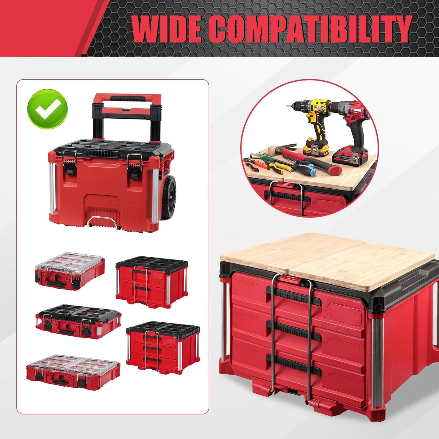 2 Pack Tables Fits for Milwaukee Packout Rolling Tool Box,Packout 2 & 3-Drawer Organizer,Heavy-Duty Work Surface with Mounting Feet, No-Drill Installation for Packout Accessories