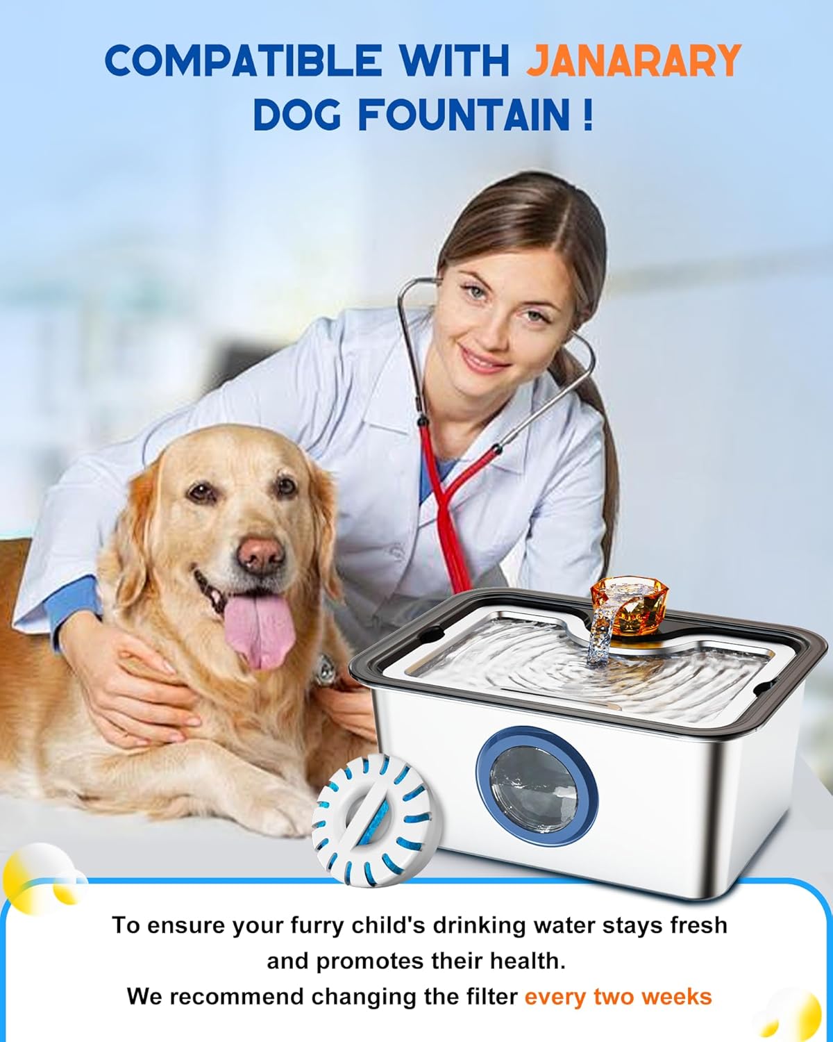 Dog Water Fountain Filters Replacement 4 Packs, 2 Months Set of Replacement Filters for Large 3 Gal Automatic Pet Water Fountain, Compatible with JANARARY Dog Fountain