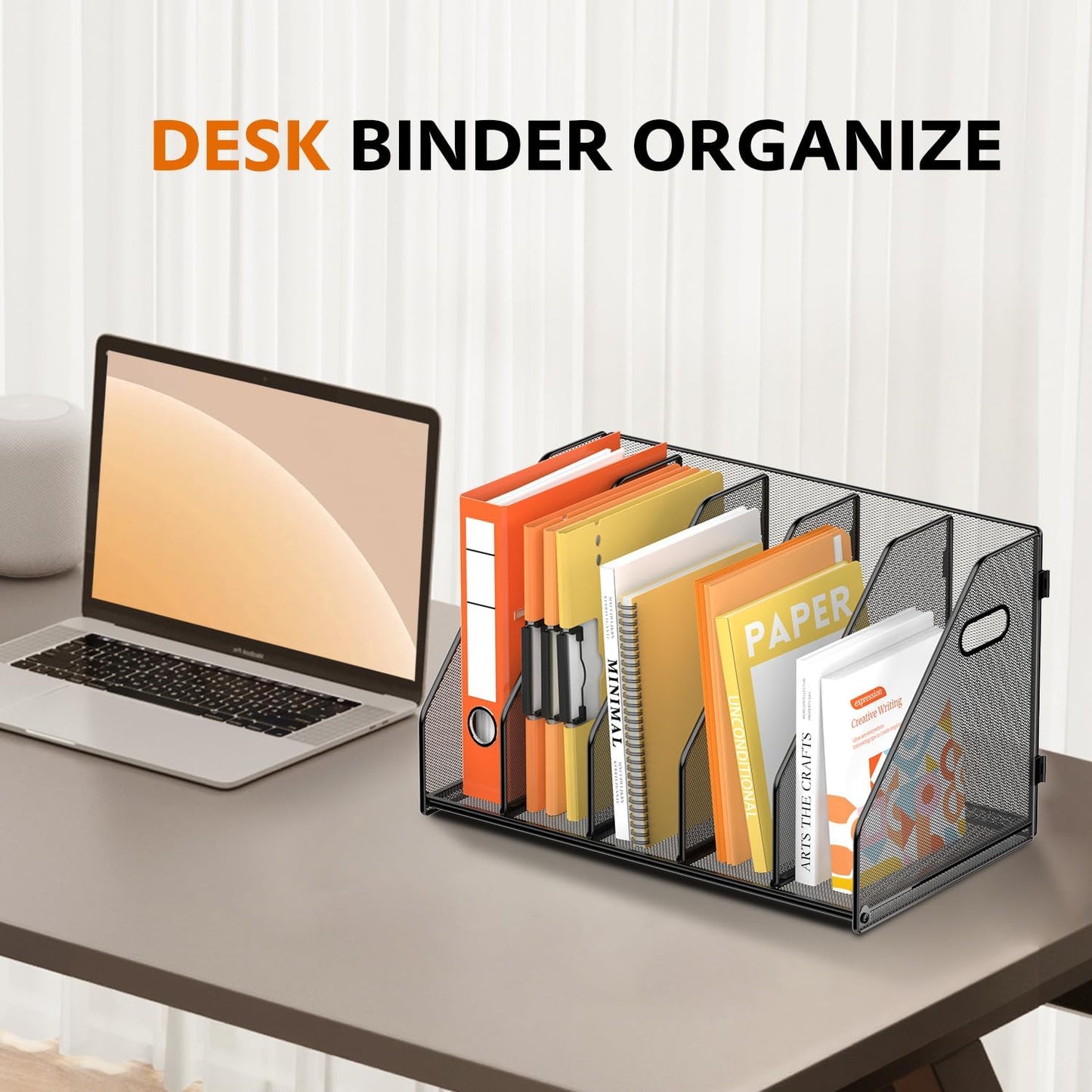 SUPEASY Binder Organizer, Magazine File Holder with 5 Vertical Compartments Rack, Metal Desk File Organizer & Binder Holders, Magazine Organizers for Office Desktop, Home, School (Black)
