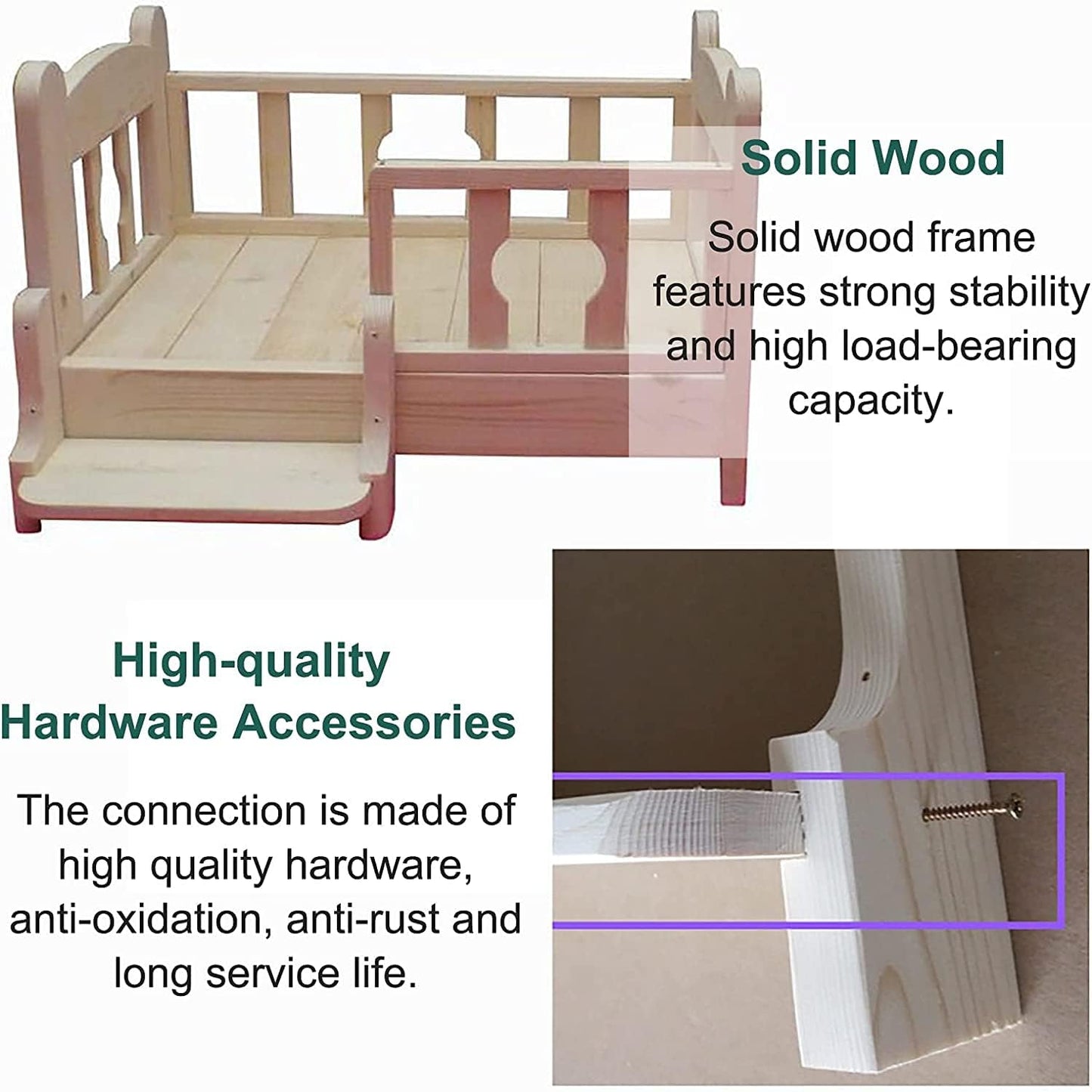 Dog Bed 68/80/100cm Wooden Dog Bed Pet Bed Pet Bed Frame Solid Wood Kennel Dog Bed with Guardrail & Stairs for Small Medium Large Dogs Cats for Dogs Pet Cat