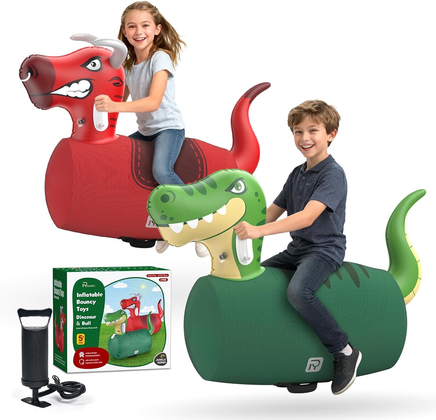 POVYRE Kids Boys Outdoor Toys, 2 PCS Giant Inflatable Dinosaur Bull Toys Bouncy Hopper with Pump, Ride-on Jumping Animal for Indoor Outdoor Play, 220 lbs Capacity, Gift for Ages 5+