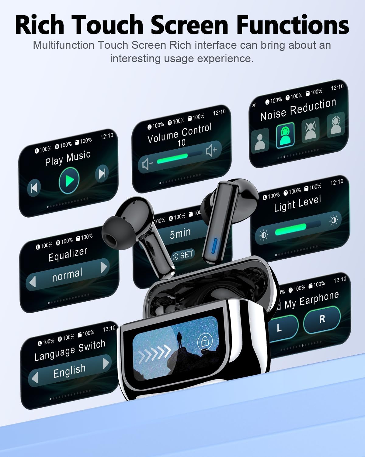 ZIUTY Wireless Earbuds Bluetooth Headphones, ANC/ENC Noise Cancelling, Ear Buds with Multifuntional Touch Screen, 40H Stereo Sound for Sports, IPX7 Clear Calls, 5 EQ for iOS Android (Black)