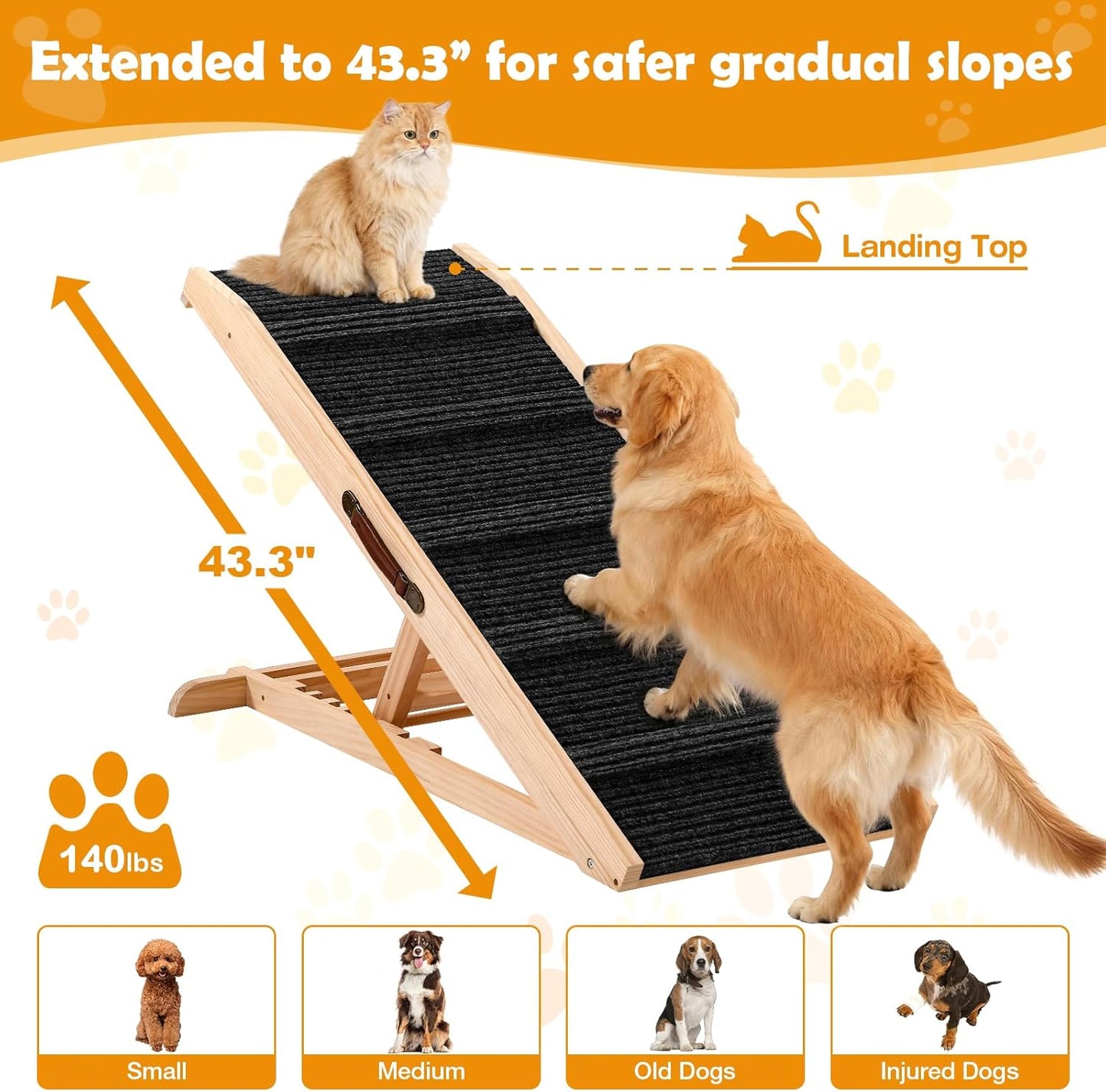 43" Long Dog Ramp with Landing Platform for Bed, Couch & Car - 6 Level Adjustable Height (10.8" to 23.6"), Foldable Wooden Pet Ramp with Non-Slip Surface, for Small, Medium & Old Dogs Up to 140 LBS