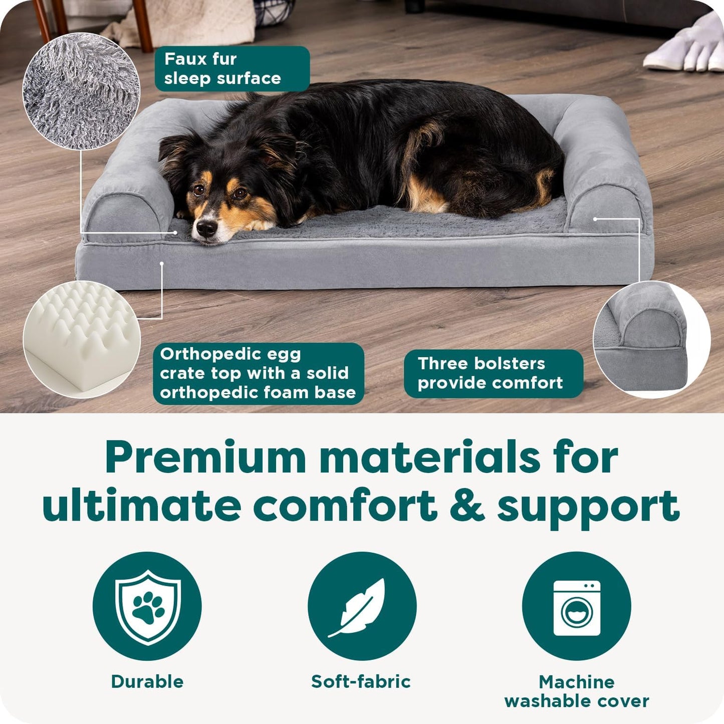 Furhaven Orthopedic Dog Bed for Large/Medium Dogs w/ Removable Bolsters & Washable Cover, For Dogs Up to 55 lbs - Plush & Suede Sofa - Gray, Large