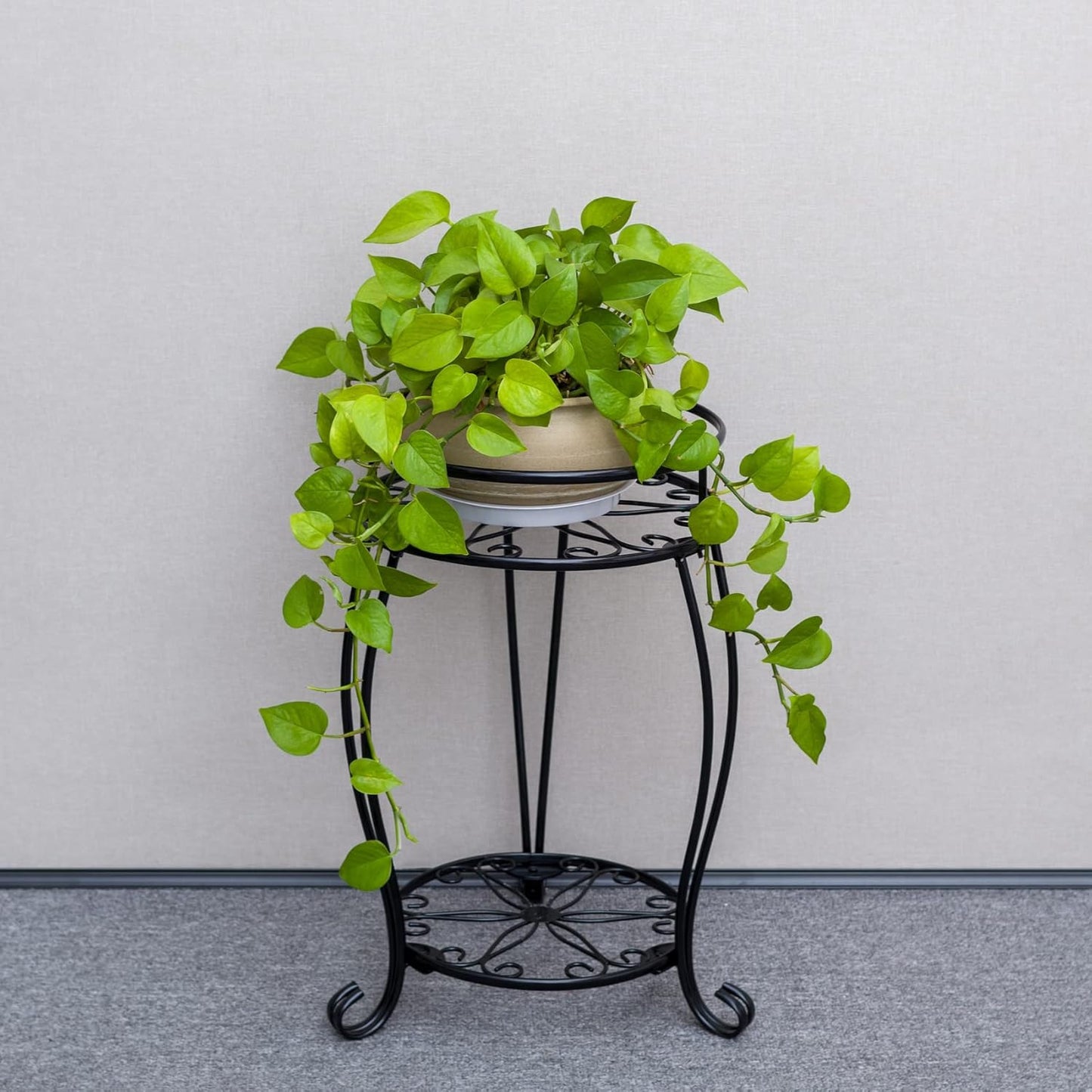 FaithLand 2 Pack Plant Stands, Heavy Duty Metal Planter Holder Indoor Outdoor, 2 Tier Round Potted Supports Rack, Corner Display Shelf Black