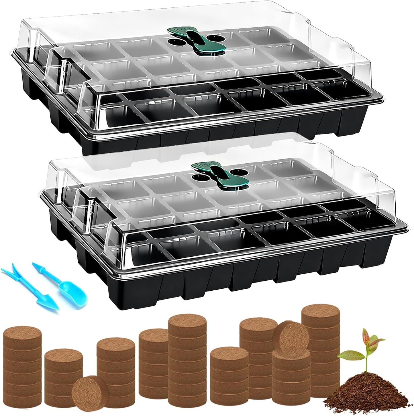 Halatool 2 Set Seed Starter Tray Kits, 2 Pack Germination Tray with 50 Pcs Coco Pellets, Greenhouse Indoor Seed Germination System for Herbs Vegetables Flowers, Seed Starter Kit