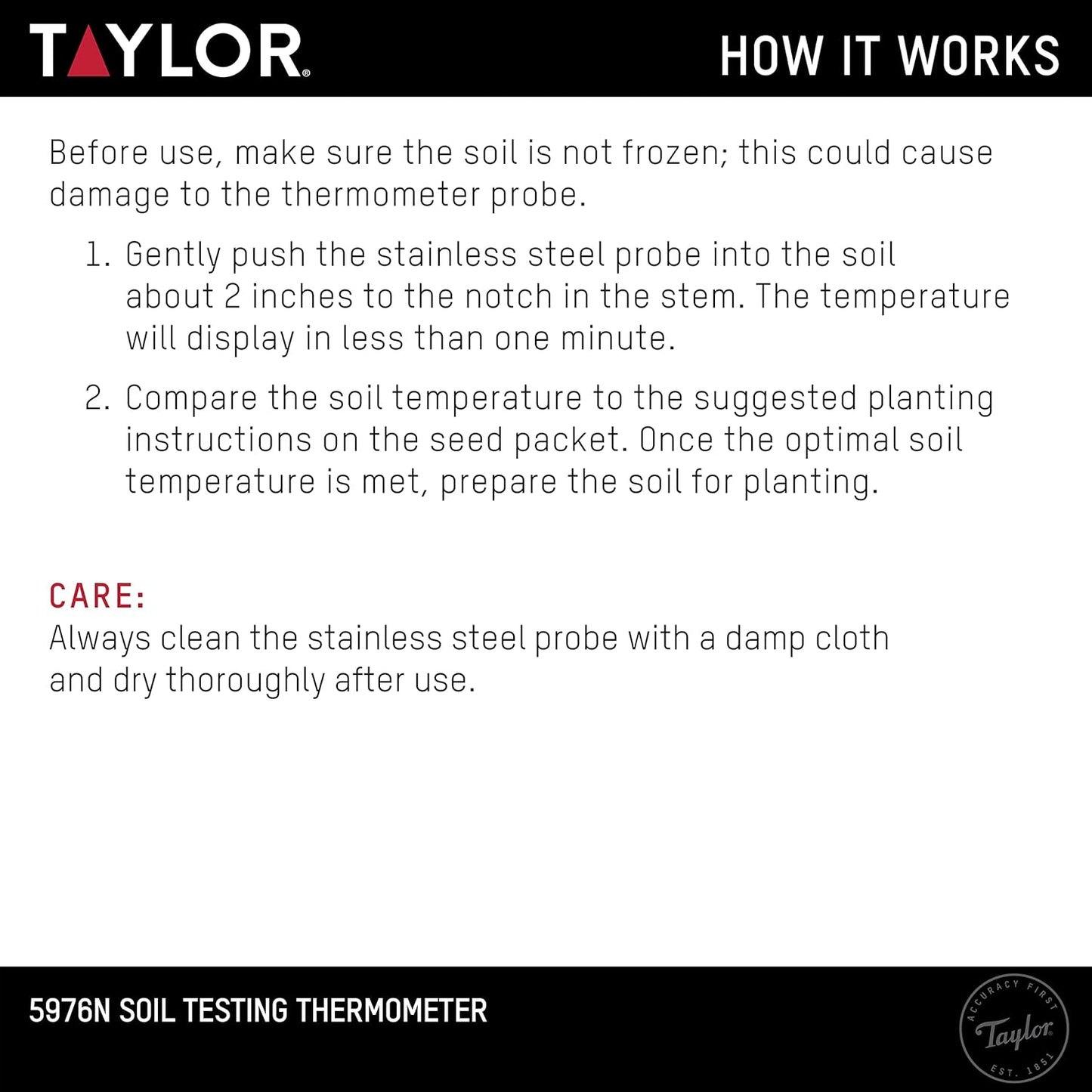 Taylor Soil Testing Thermometer, Gardening Tool for Plant Care, Gardening, Lawn, Farm, Outdoor Use, 4" Inch Stem