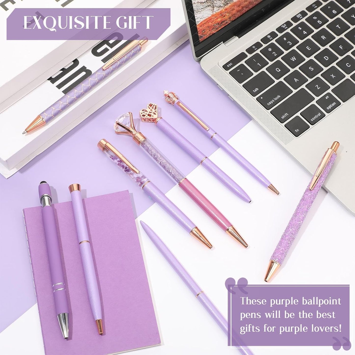 Janmini 9 Pcs Ballpoint Pens Set Metal Crystal Diamond Glitter Pens for Journaling Black Ink Pretty Cute Things Fancy Stationery Gifts for Women Girls Birthday Home Office Desk(Purple)
