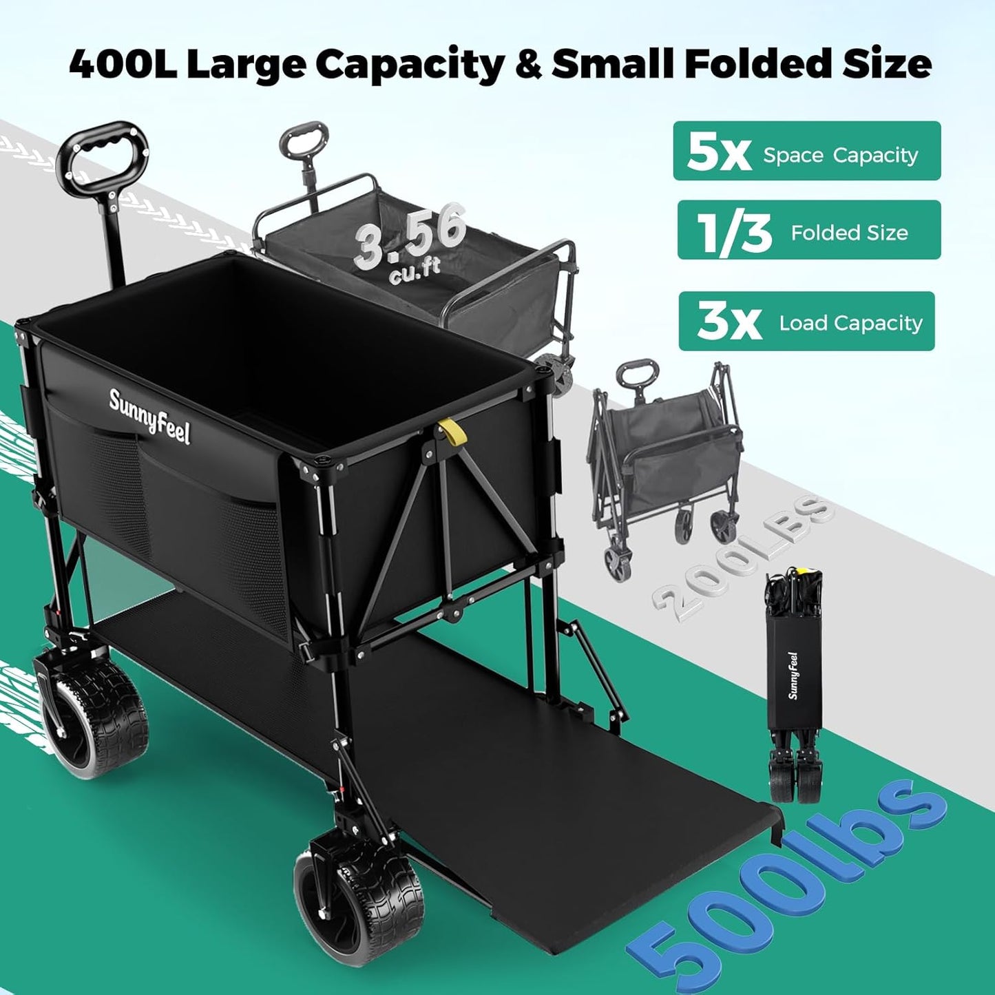 SUNNYFEEL Double Decker Folding Wagon Cart - 500lbs Heavy Duty Collapsible Utility Wagon with All Terrain Big Wheels & Drop Down Tailgate,400L Large Capacity Wagon for Camping,Garden,Sports
