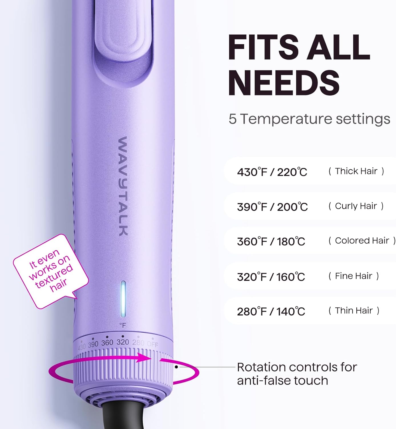 Wavytalk Airflow Styler Curling Iron, Cool Curl, 360° Cool Air Lock in Style for Lasting Curls, Reduces Damage, 2 in 1 Hair Straightener and Curler, 1.25 Inch, Anti-Scald for Short Long Hair, Purple