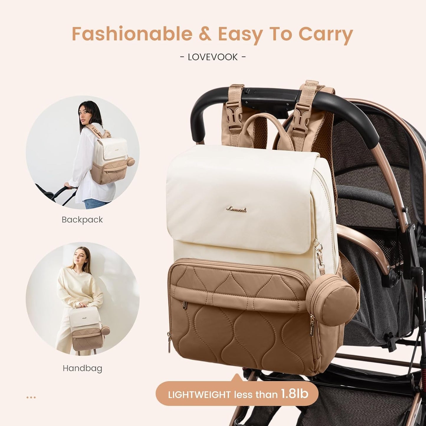 LOVEVOOK Diaper Bag Backpack, Baby Travel Bags for Boys & Girl, Toddler Waterproof Diaper Bag w/Changing Pad (Beige khaki, 15.6''-Small)