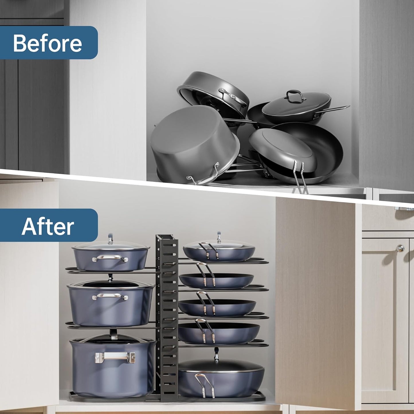 ORDORA Pots and Pans Organizer under Cabinet 14.55 Height, Adjustable 8-Tier Pot Organizers inside Cabinet, Kitchen Organizers and Storage Fit 6-11 inch Lightweight Cookware