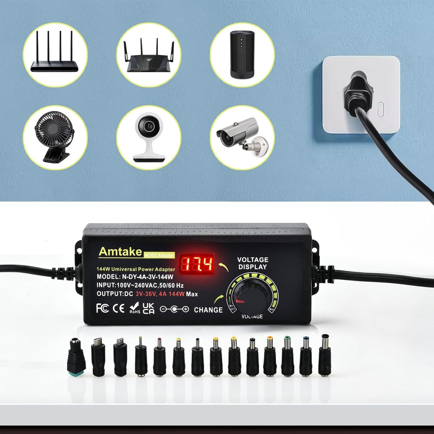 Adjustable Universal Power Supply Adapter 4A 144W Adjustable Variable Switching 3V~36V 3V 5V 12V 24V 30V 36V AC/DC Adapter, AC to DC Converter with 14 Tips, Polarity Converter and Test Lead
