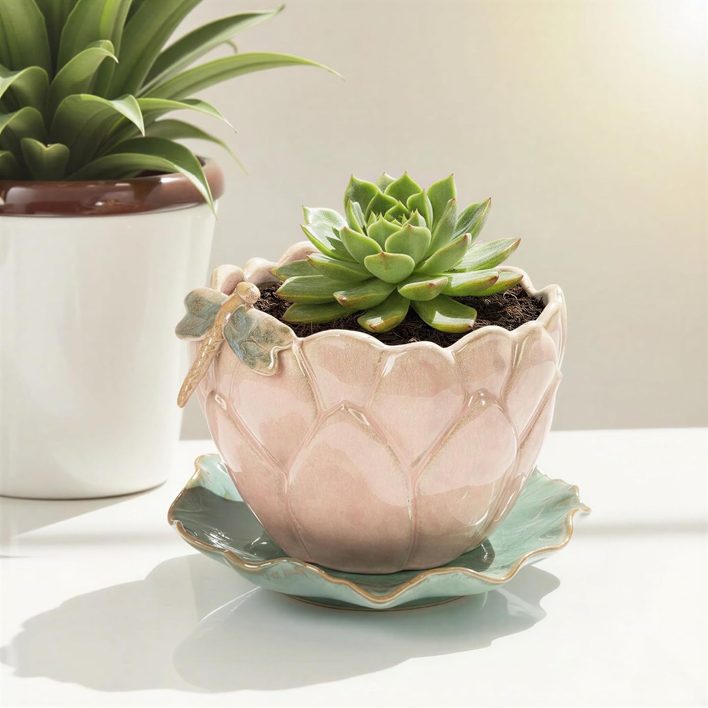 Creative Co-Op Stoneware Flower Shaped Planter with 3D Dragonfly and Leaf Saucer in Reactive Glaze, Multicolor