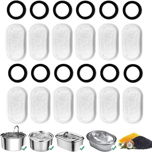 Cat Water Fountain Filters, Replacement Filters for 3.2L/108oz 2L/ 67oz Stainless Steel Pet Drinking Fountains (12 Carbon Filters + 12 Sponges)