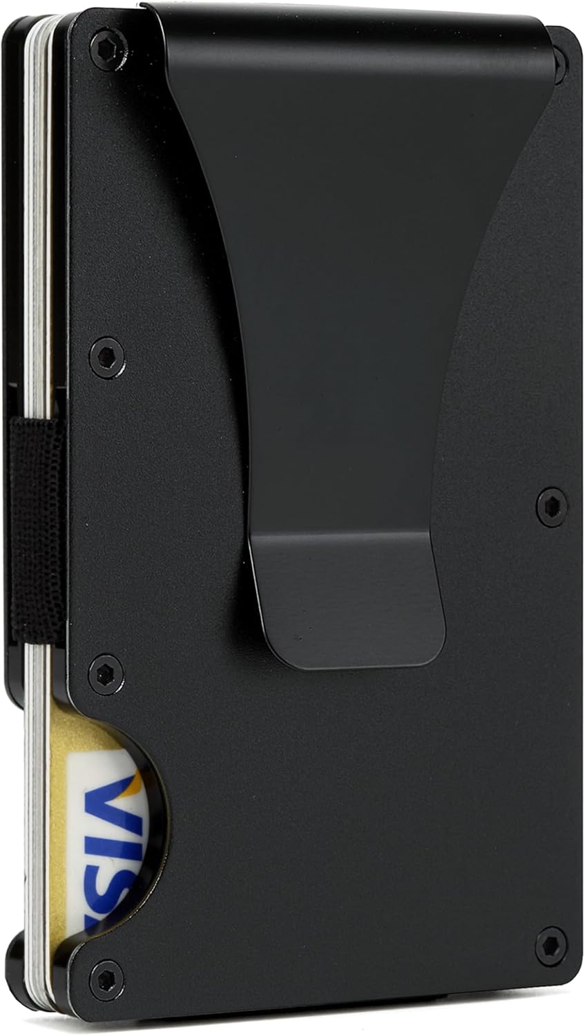 Wallet for Men, Slim Minimalist Carbon Fiber Wallet with Metal Money Clip/Cash Strap, RFID Blocking Aluminum Card Holder,Matte Black