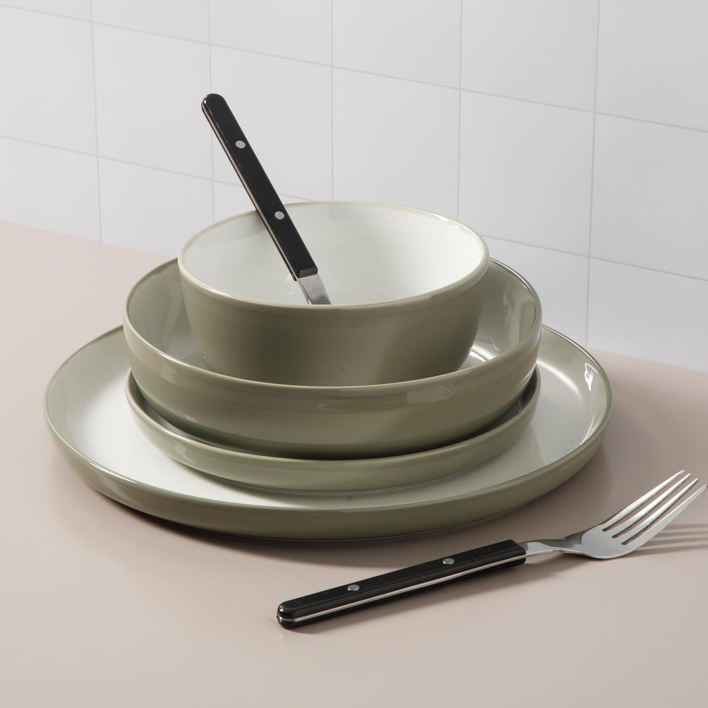 Sur La Table Kitchen Essentials 16 Piece Two-Tone Porcelain Chip and Scratch Resistant Dinnerware Plates and Bowls Set - Grey/White