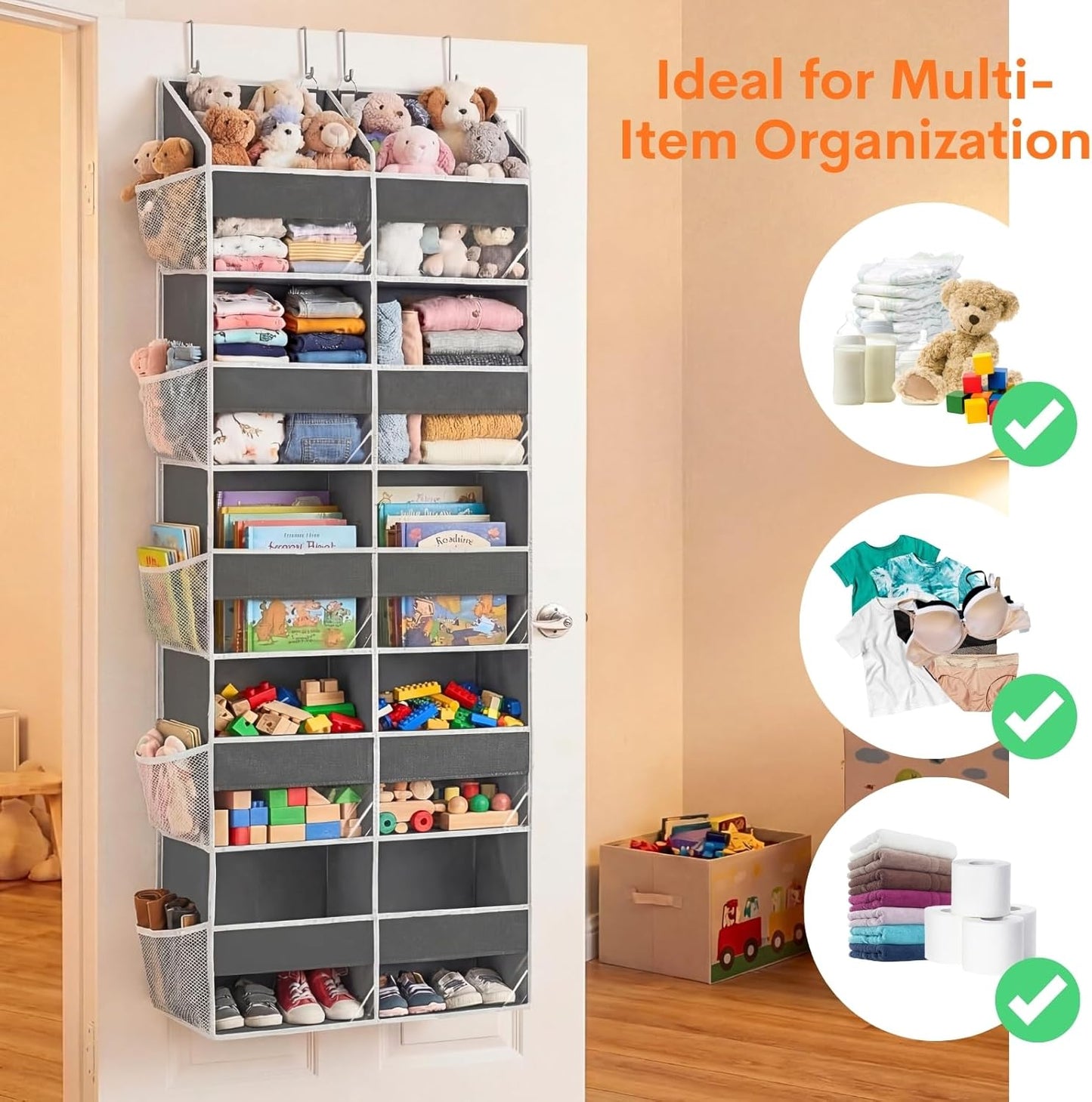 Over the Door Organizer 5 Tiers, Extra Large Behind Door Storage of 10 Compartments, 80 lbs Weight Capacity Over Door Organizer, Door Hanging Organizer for Closet, Diaper Organizer, Room storage | Behind Door Storage, Over Door Organizer, Room storage