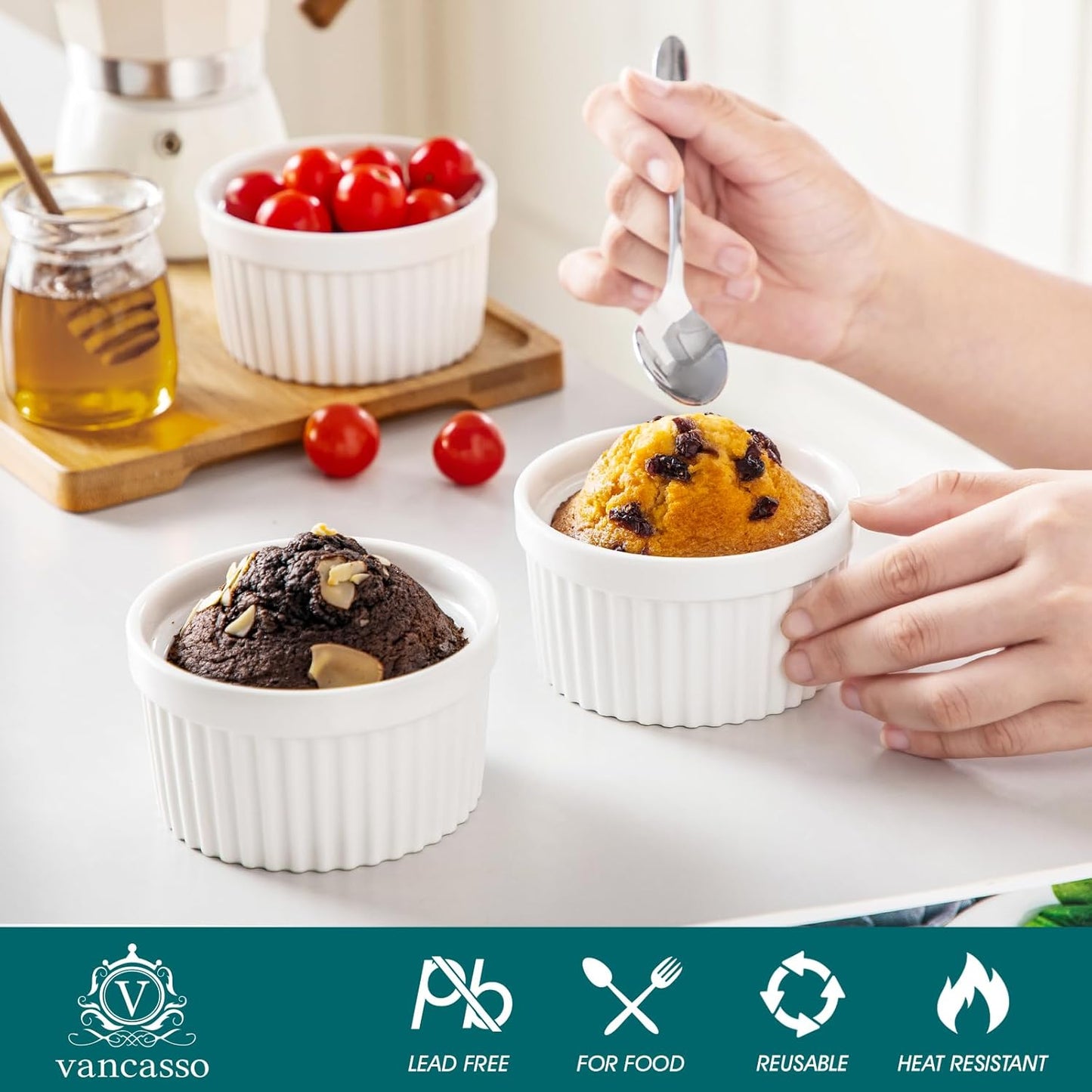 vancasso 8 oz Ramekins with Lid, Porcelain Creme Brulee Souffle Dishes, White Pudding Custard Cups Ramiken for Baking, Dishwasher and Oven Safe, Set of 6
