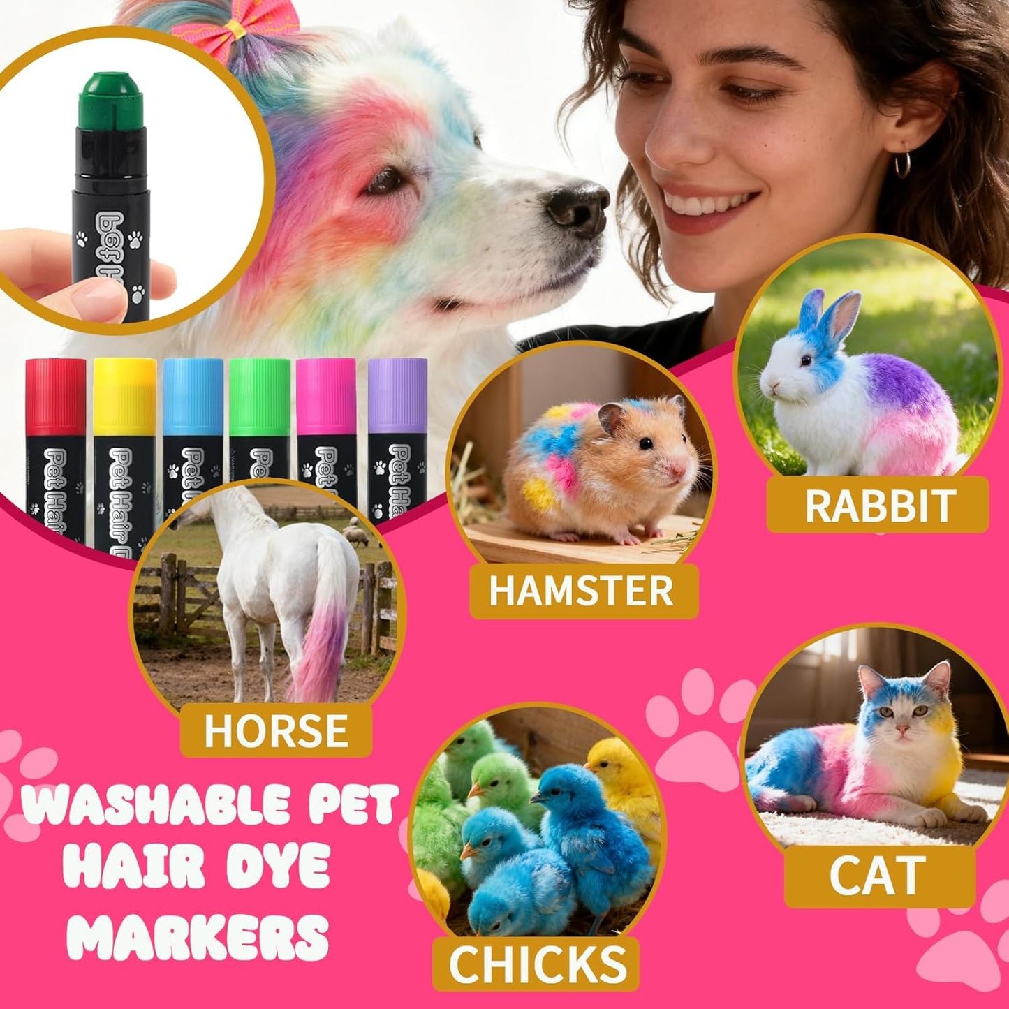 Pet Grooming Kit- 6 Colors Washable Dog Hair Dye Markers, 8 Colors Nail Polish, 20 PCS Cute Dog Bowknot Hair Bows ,Dog Beauty Care Supplies for Safe & Fun Styling,Birthday Gifts to PET Lovers Set