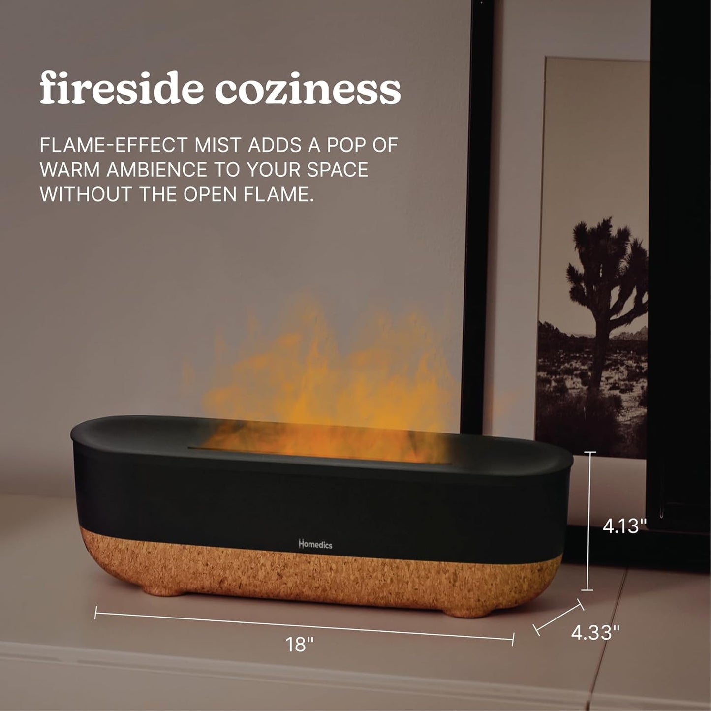 Homedics Fireside Ultrasonic Humidifier, Medium Sized Rooms, Visible Flame-Effect Cool Mist, 0.26-Gal Top-Fill Tank, Dry Air Relief at Home, Breathe & Sleep Better, Aromatherapy