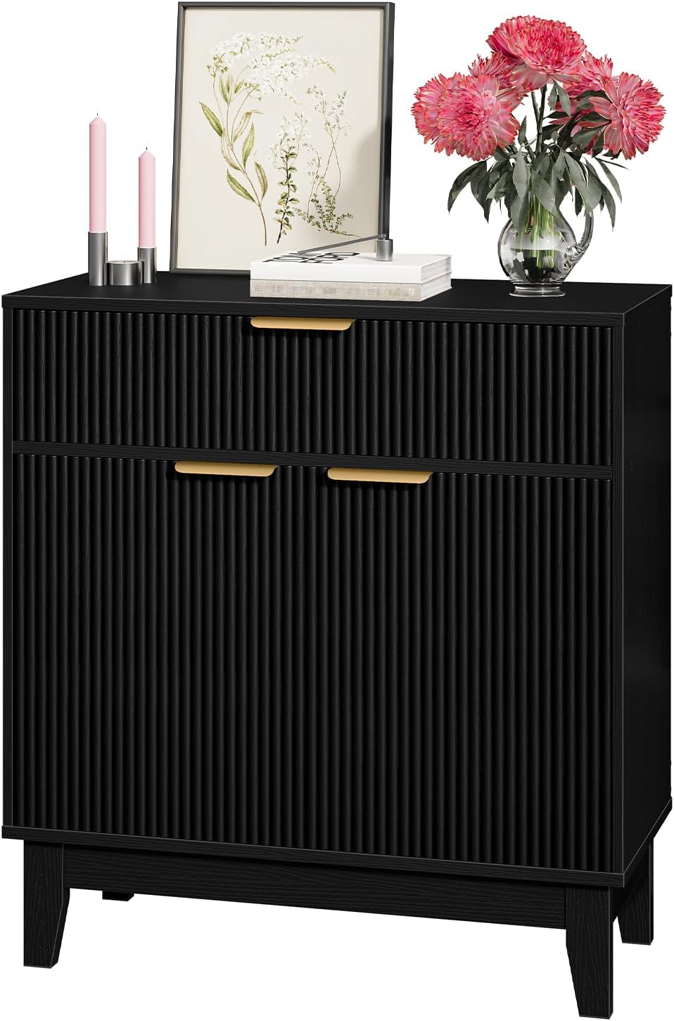 Fluted Buffets Sideboard, Buffet Sideboard with 1 Drawer & 1 Door, Kitchen Storage Cabinet with Adjustable Shelf and Slanted Legs, Buffet Cabinet for Kitchen, Living Room, Black MCB02BB