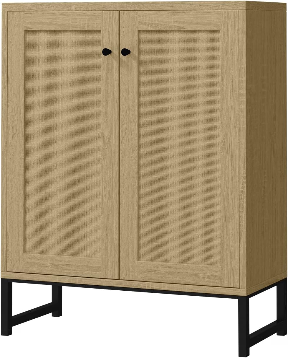 Panana Rattan Decorated 2 Doors Storage Cabinet Accent Cabinet Living Room Cupboard Kitchen Sideboard Buffet Table (Natural)