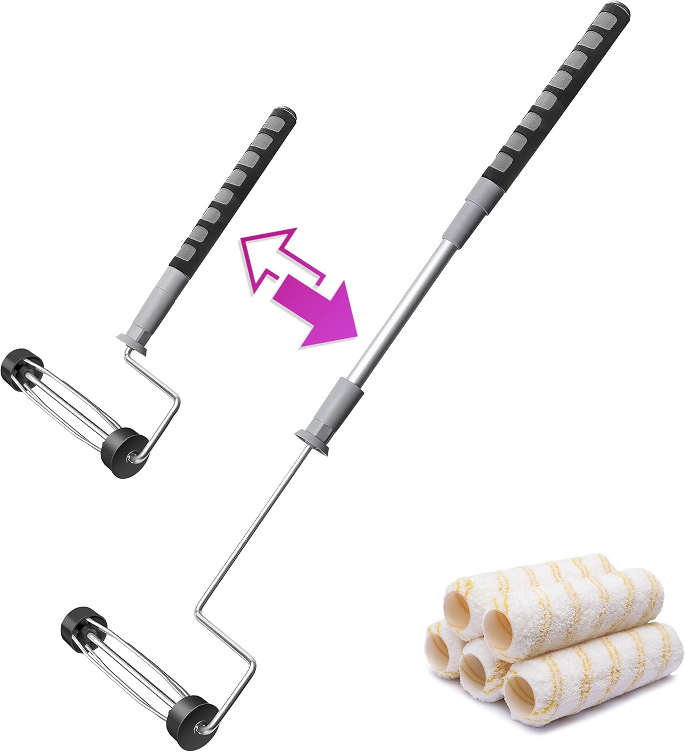 6pcs House Paint Roller Kit, 9 inch Extendable Roller Frame with 5 Microfiber Roller Covers 1/2" Nap, Adjustable Painting Roller (18" - 36") for Walls, Ceilings, Floor, Home Painting Supplies