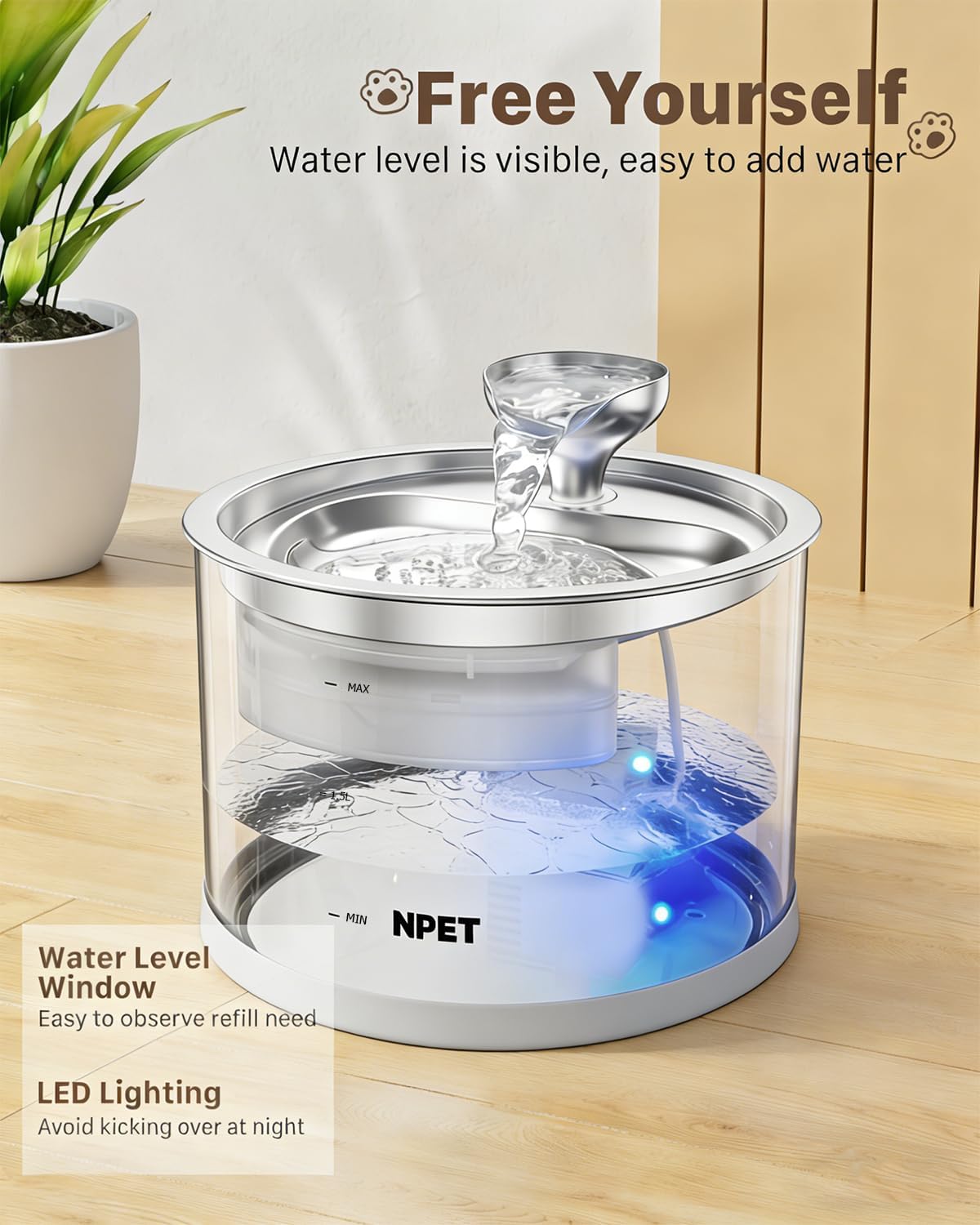 NPET N280 Glass Cat Water Fountain - 2.8L Automatic, Ultra-Quiet Pump with Stainless Steel Tray, Easy to Clean & Eco-Friendly for Cats and Dogs