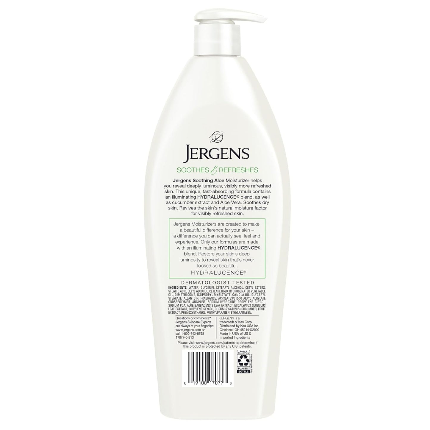 Jergens Soothing Aloe Body Lotion, Aloe Vera Body and Hand Moisturizer, Illuminating Hydralucence Blend, with Cucumber Extract, Dermatologist Tested, 21 Oz