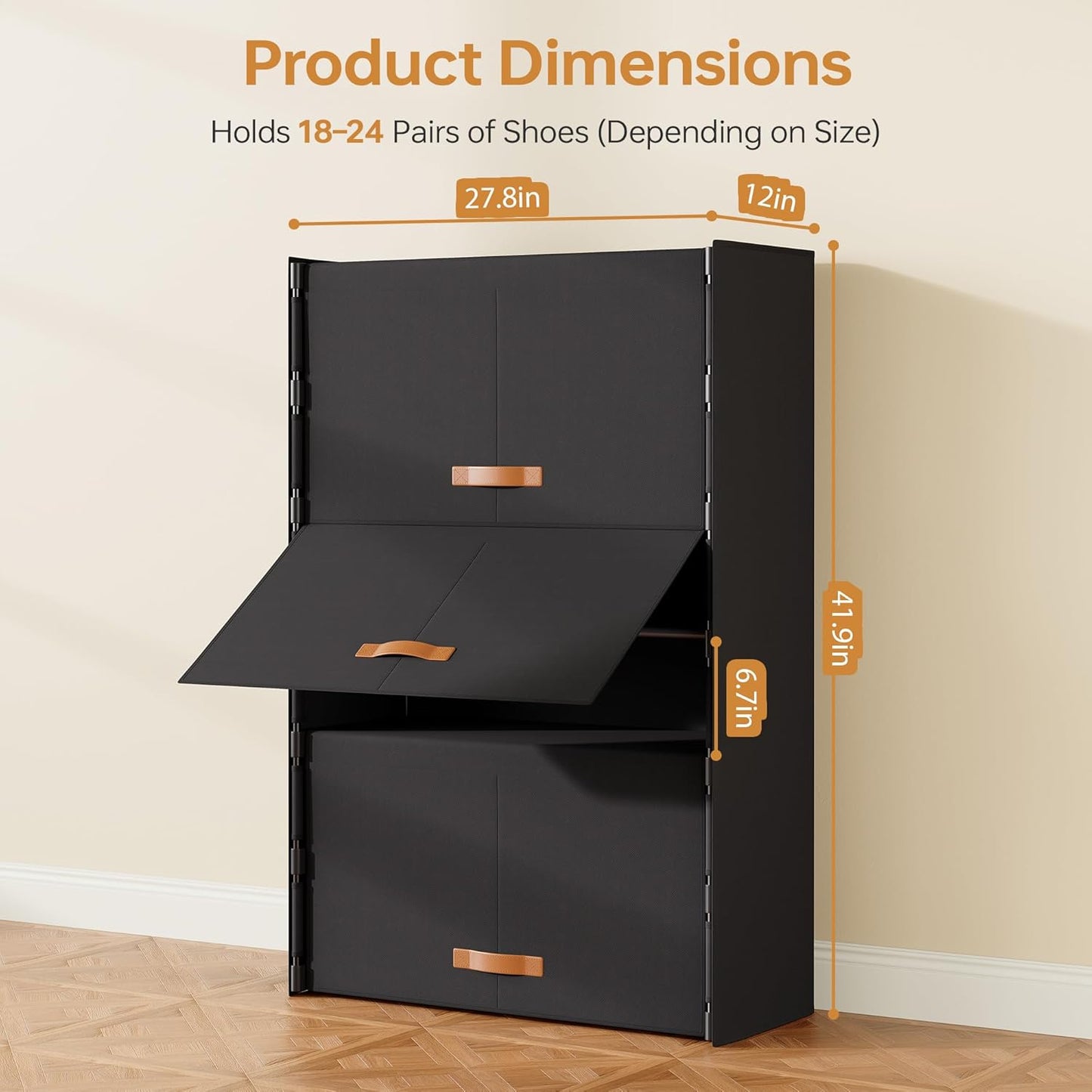 6-Tier Shoe Storage Cabinet with Hard Flip Doors, Fabric Cover, Holds 18–24 Pairs, Enclosed Dustproof Shoe Rack Organizer for Entryway, Closet & Bedroom, Shoe Shelf, Black, 27.8" x 12.0" x 41.9"