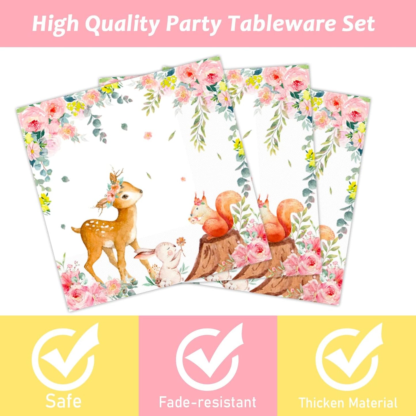 Tevxj 96PCS Woodland Baby Shower Tableware Set Girls Pink Safari Dinnerware Disposable Plates Woodland Party Plates Napkins Forks for Forest Animal Deer Flower Party Decorations Supplies 24 guests