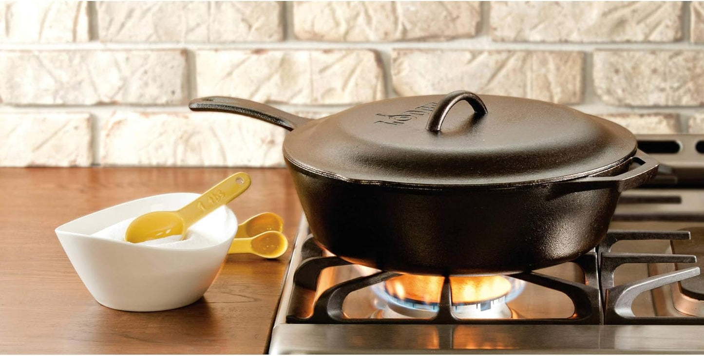 Lodge 5 Quart Pre-Seasoned Cast Iron Deep Skillet with Lid - Signature Teardrop Handle & Assist Handle - Use in the Oven, on the Stove or Grill, or Over a Campfire - Use to Sear, Sauté, Bake, Broil, Braise, Fry, or Grill - Black