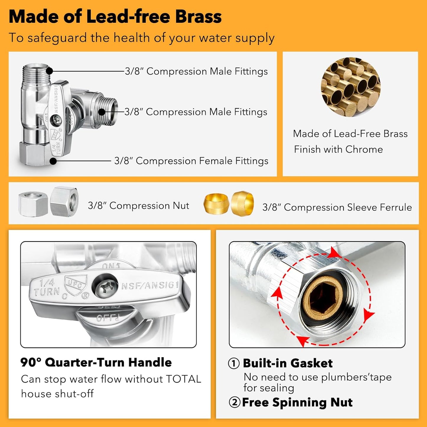 3/8" Brass Compression Angle Stop Valve, Water Line Splitter Connector Tee for Dishwasher, Commercial Sink Faucet, and Water Supply Line (Pack of 1)