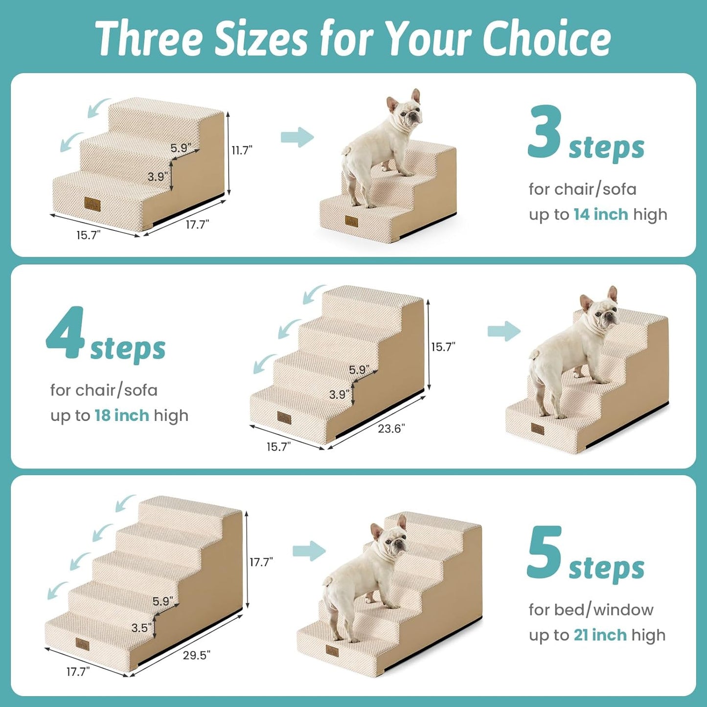 Dog Stairs for Small Dogs 17.7" H, 5-Step Gentle Incline Pet Step for Couch and Beds, Right-Angle Dog Ramp for Puppy Doggie Senior Cats, 17.7x29.5x17.7 Inch, Beige