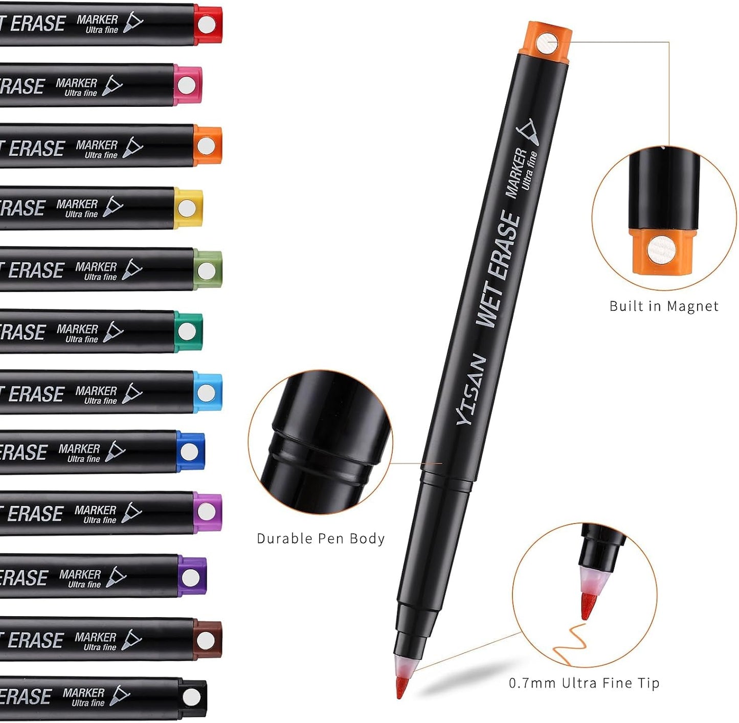YISAN Ultra Fine Tip Magnetic Wet Erase Markers, 0.7mm Low Odor, 12 Assorted Colors for Whiteboard Use in Office, Home or Planning Board,70580