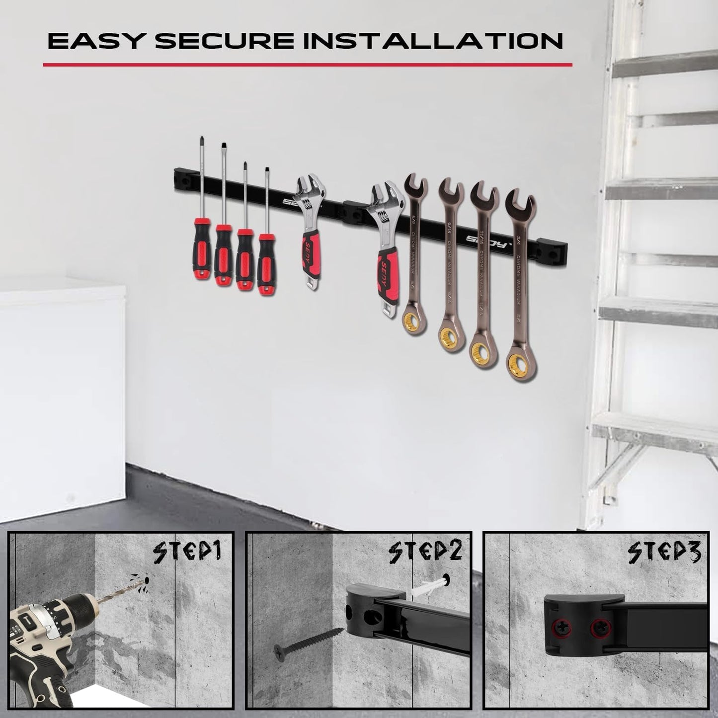 SEDY Magnetic Tool Holder Storage Organizer: 7-Piece Garage Wall Mount Rack Organization Strip Power Magnet Organizers Mounted Workbench Board Slatwall Van Hanger