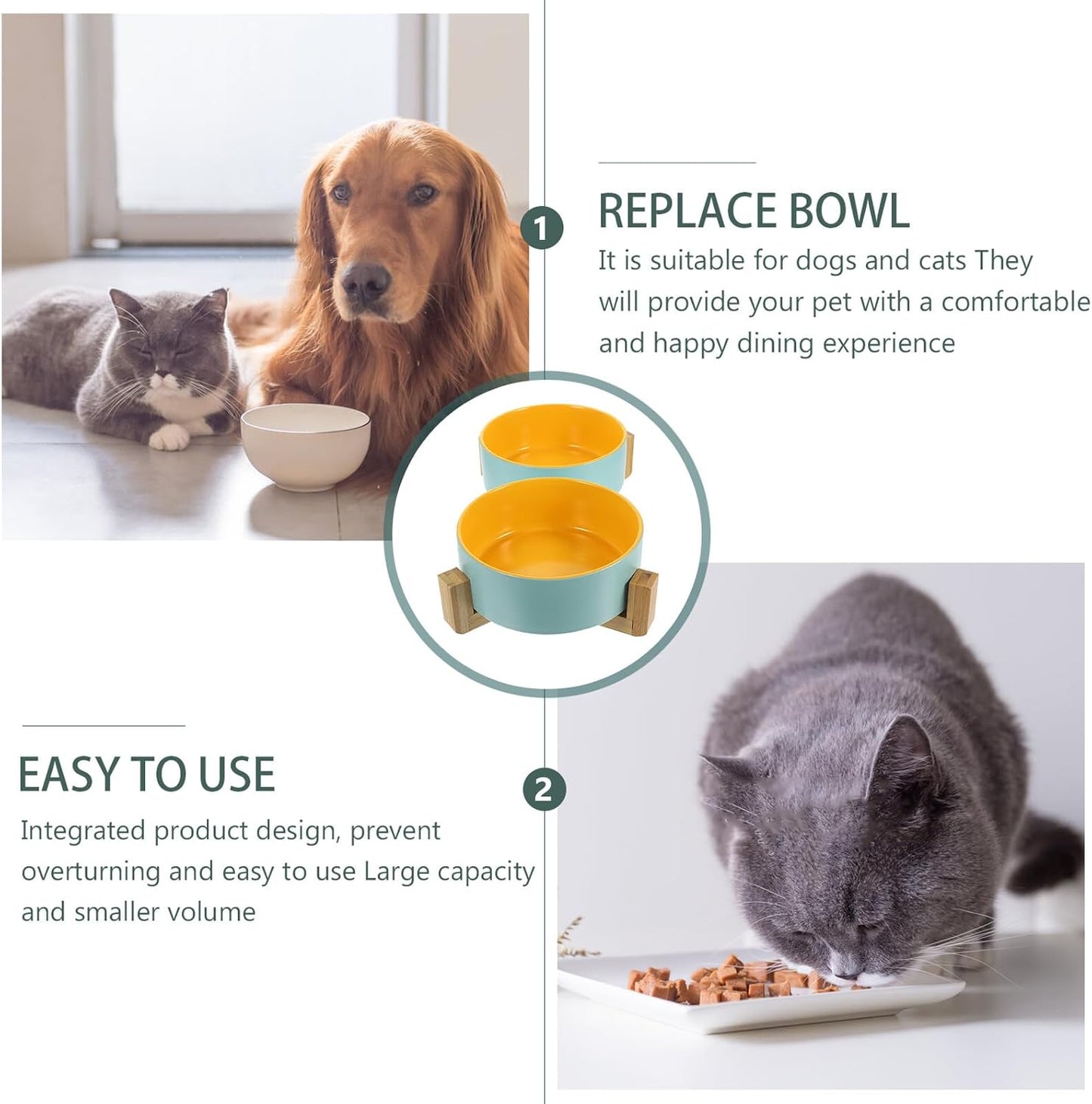 Milisten Ceramic Cat Bowl with Wood Holder, Elevated Feeding Bowl Set, Matte Two-Tone Blue and Yellow, Small Size, Indoor Kitten Feeding Dish for Cats