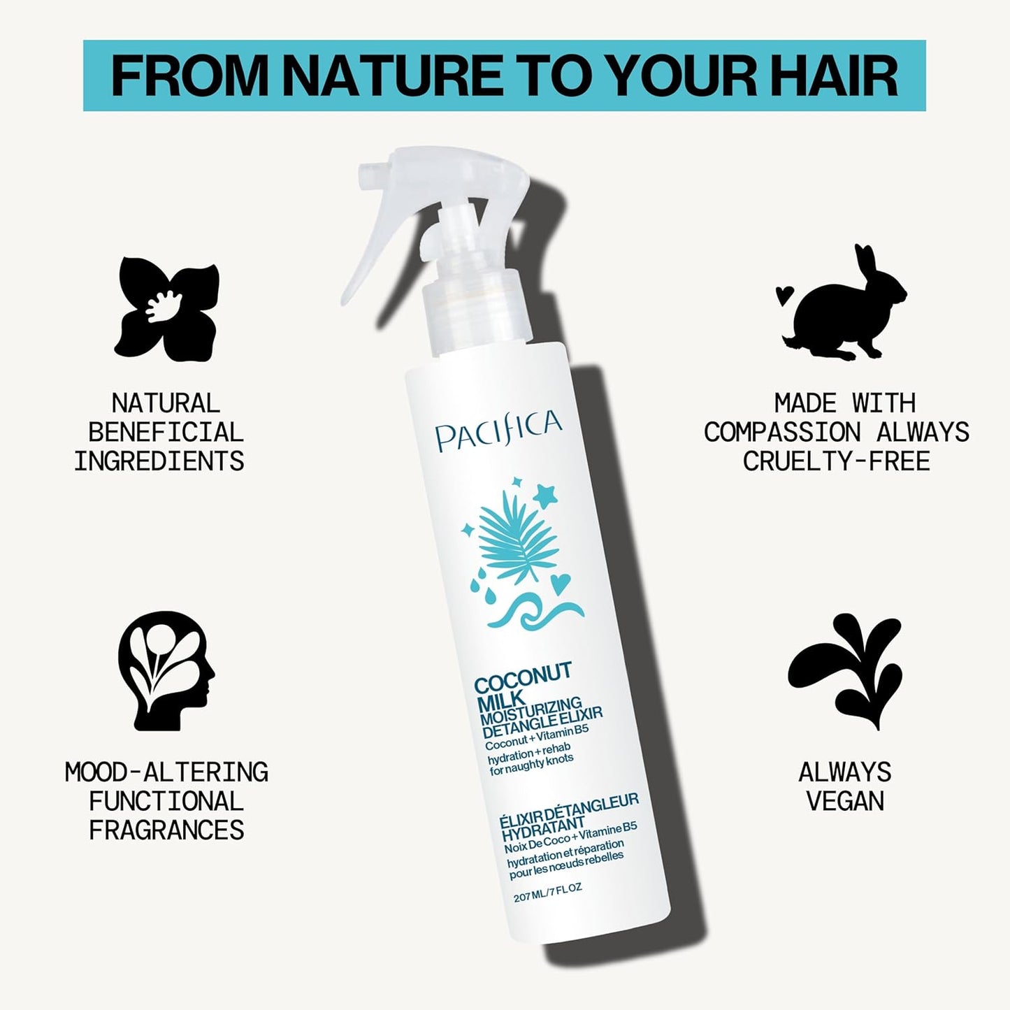 Pacifica Coconut Milk Hair Detangler Spray – Leave-In Conditioning Elixir for Tangle-Free Hair – Instantly Detangles Knots, Adds Shine & Moisture, Prevents Breakage & Frizz – Vegan & Cruelty-Free | Vegan, Cruelty-Free