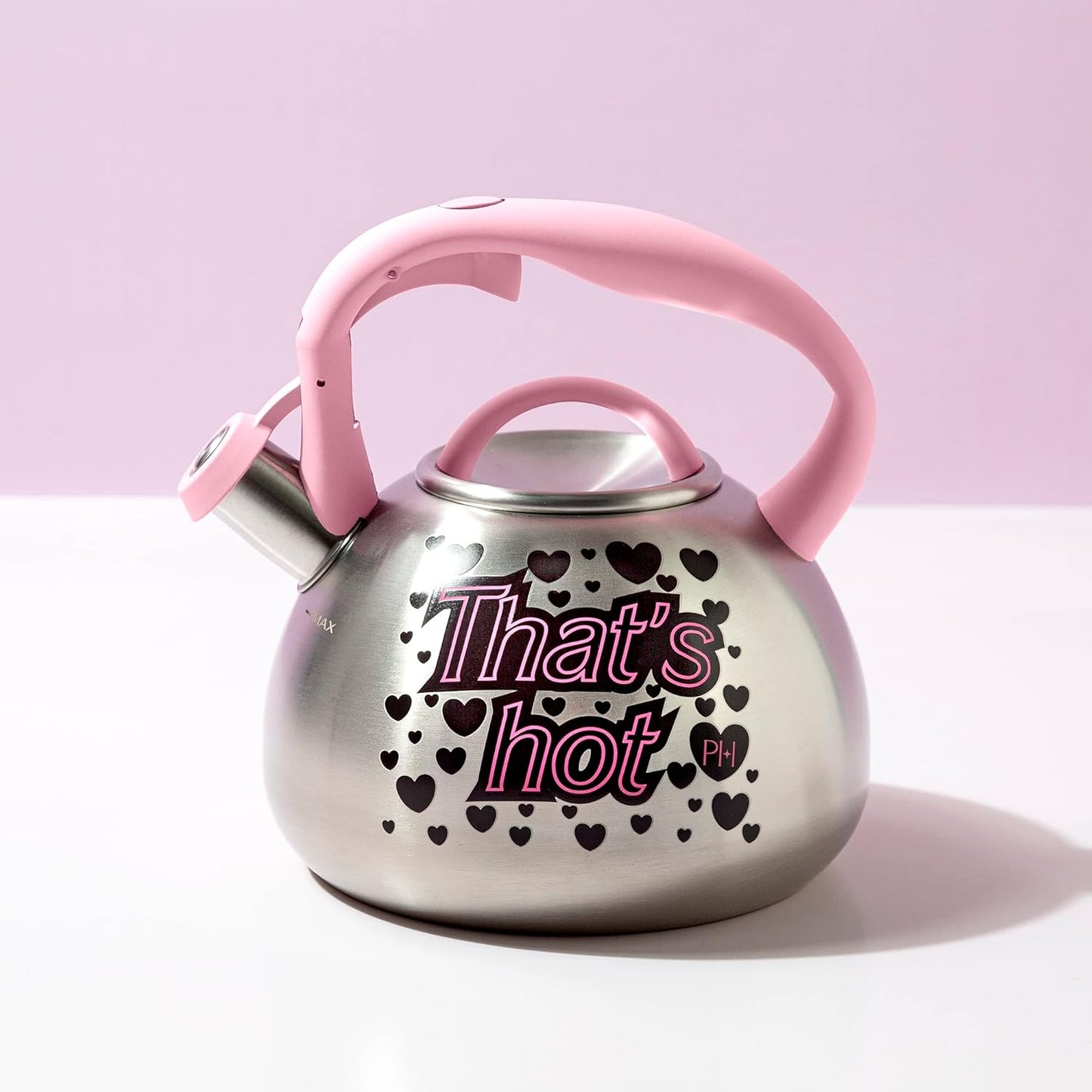 Paris Hilton Whistling Stovetop Tea Kettle, Stainless Steel with Color Changing "That's Hot" Heat Indicator Design, Soft Touch Handle, 2.5-Quart, Pink