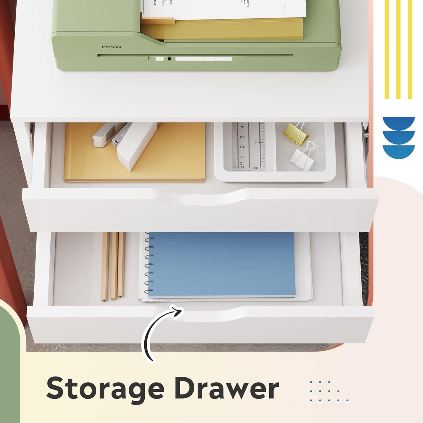 DEVAISE 5-Drawer Chest, Wood Storage File Cabinet with Wheels, White
