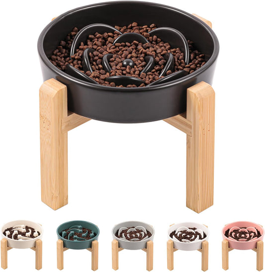 Black Ceramic Slow Feeder Dog Bowl for Small and Medium Breed,Elevated/Raised 6.1 in Slow Feeding Bowl,Puzzle Dog Food Bowl for Fast Eater,Maze Dish for Fast Eater