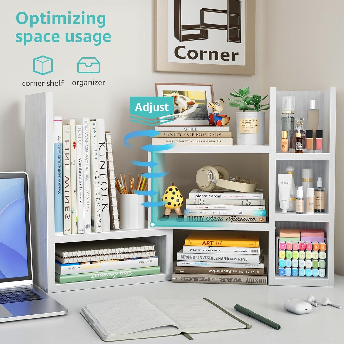 Desk Shelves Desktop Organizer Shlef - White Office Organization for Top of Desk Organizers and Accessories Corner Bookshelf Table Top Shelving Small Hutch Decorations for Women Office