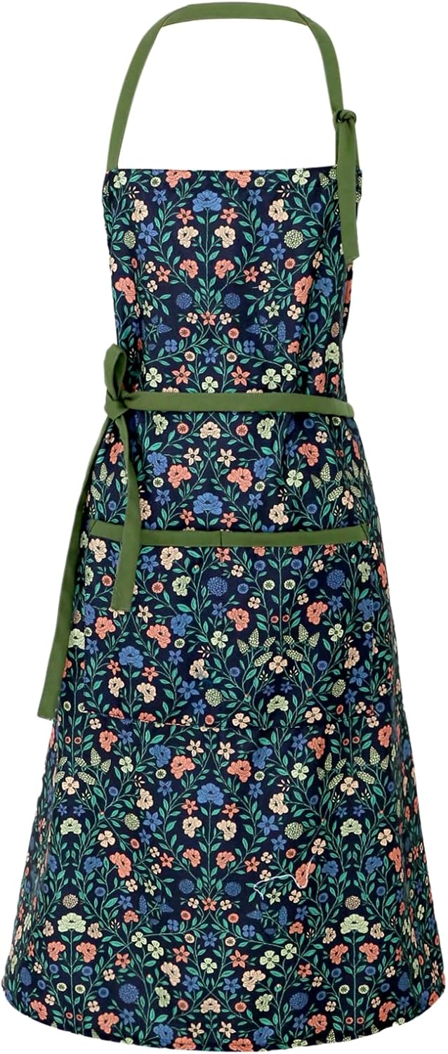 Women's Vintage Floral Kitchen Apron, Cotton Gardening Cooking Apron with Adjustable Straps & Large Pockets
