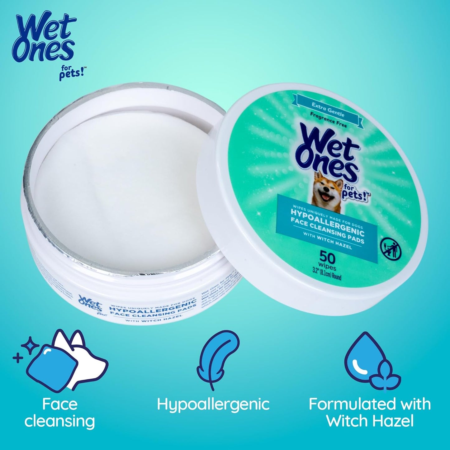 Wet Ones for Pets Hypoallergenic Face Cleansing Pads for Dogs, Fragrance Free - Small, Disposable Round Dog Face Cleaning Wipes, Extra Gentle, 50 Count